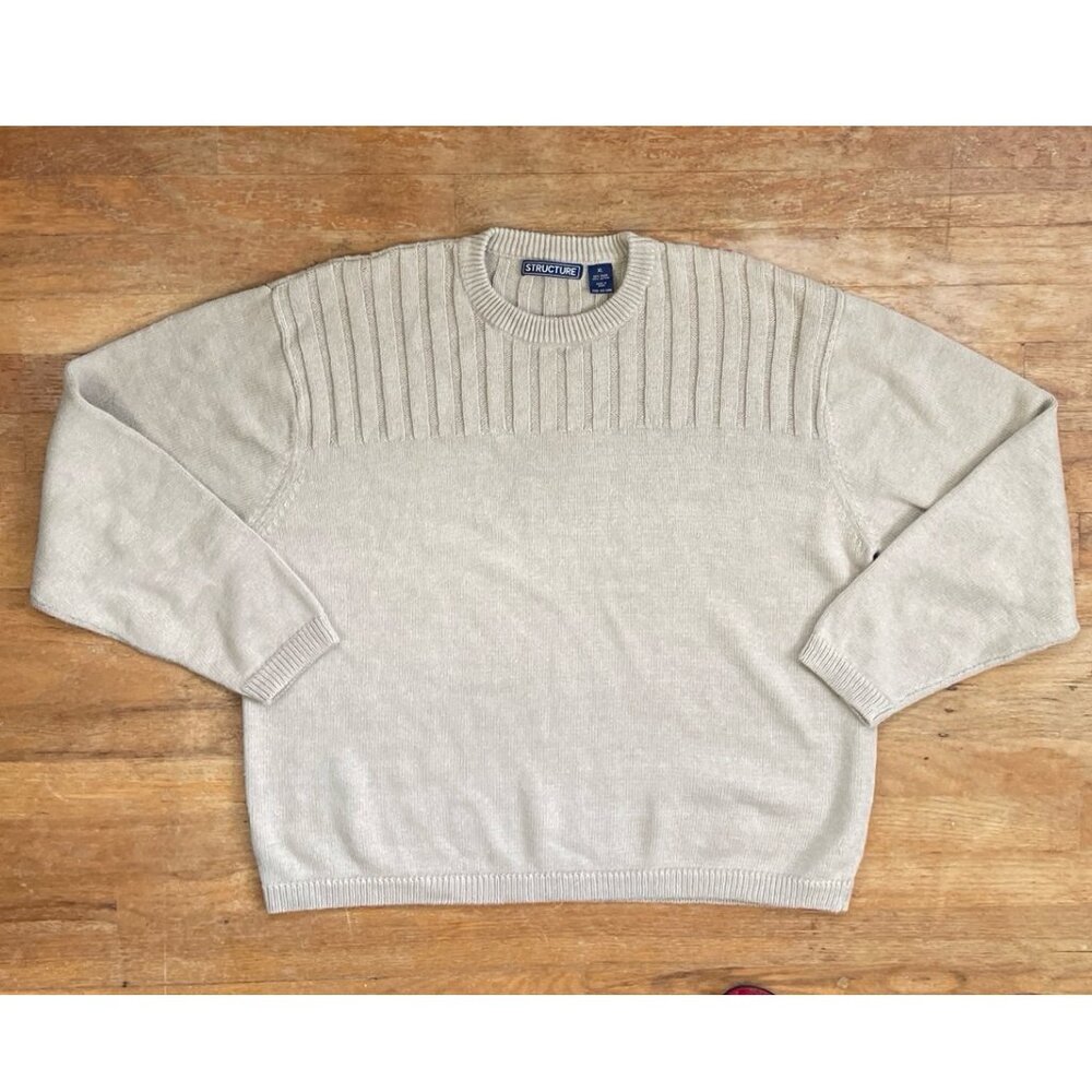Vintage Mens Ribbed Knit Sweater Size XL 1990s Beige Ramie/Cotton Crewneck